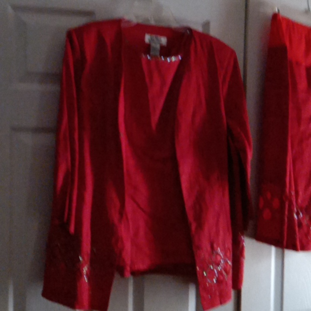 Red three piece suits jacket top and skirt to match